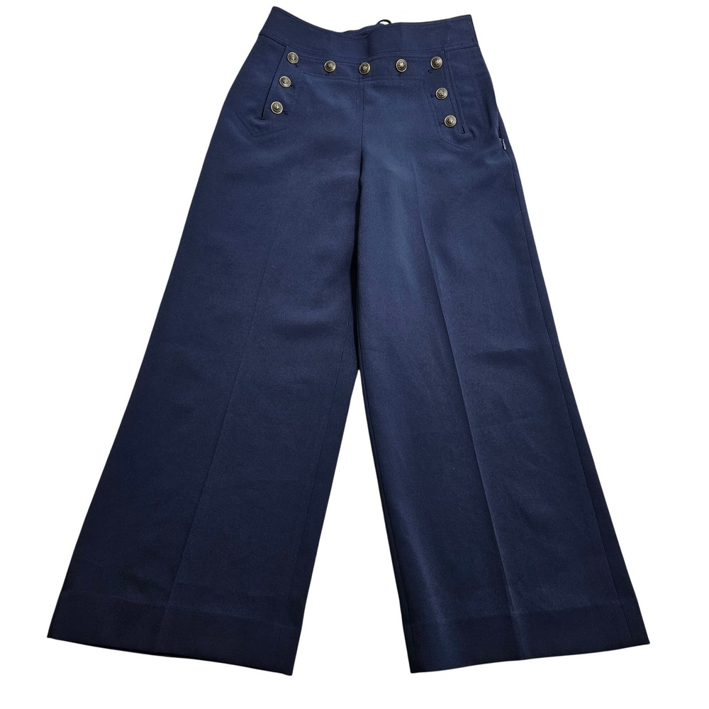 Tory Burch Sailor Pants Women 2 Navy Blue Wide Leg Lace Up Back Button Accent